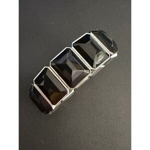 Rhinestone Bracelet Chunky Acrylic Black Silver Tone 90s